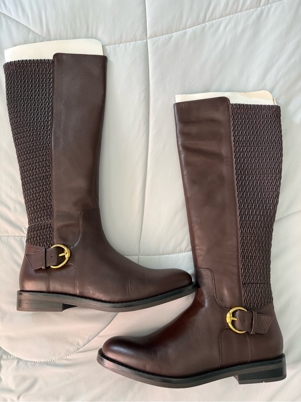 NWOT Cole Haan Brown Clover Stretch Side-Buckle Leather Riding Boots Size 6.5B